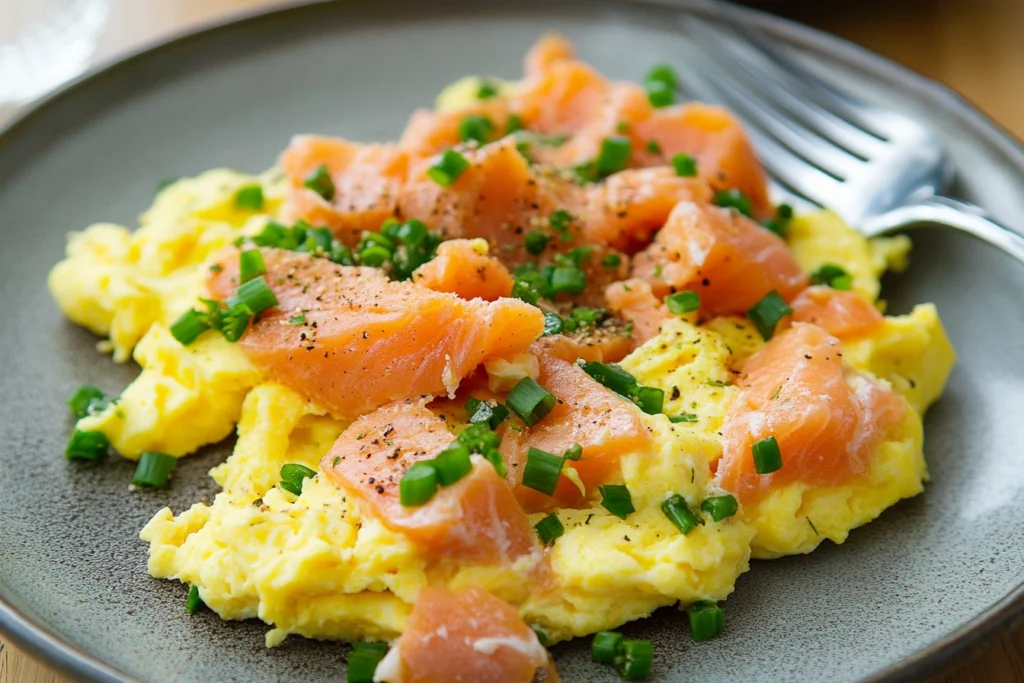 Fresh salmon fillet and eggs, ingredients for a scrambled eggs and salmon breakfast.