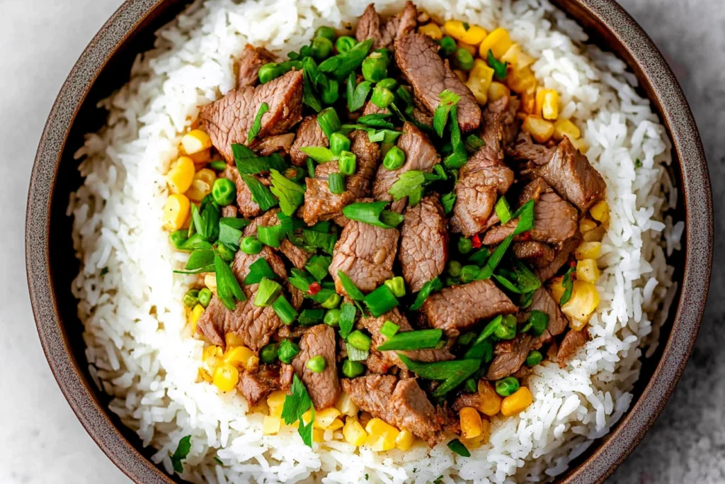Ingredients for Beef Pepper Rice including beef, bell peppers, soy sauce, garlic, and rice.