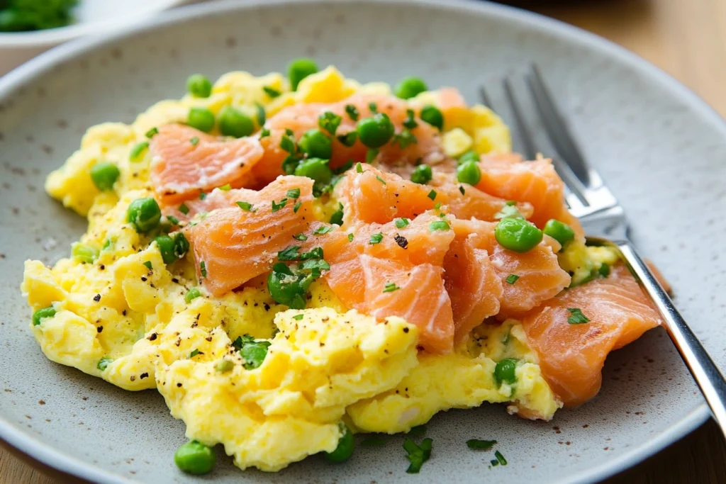 Scrambled eggs and salmon garnished with chives, a gourmet breakfast.