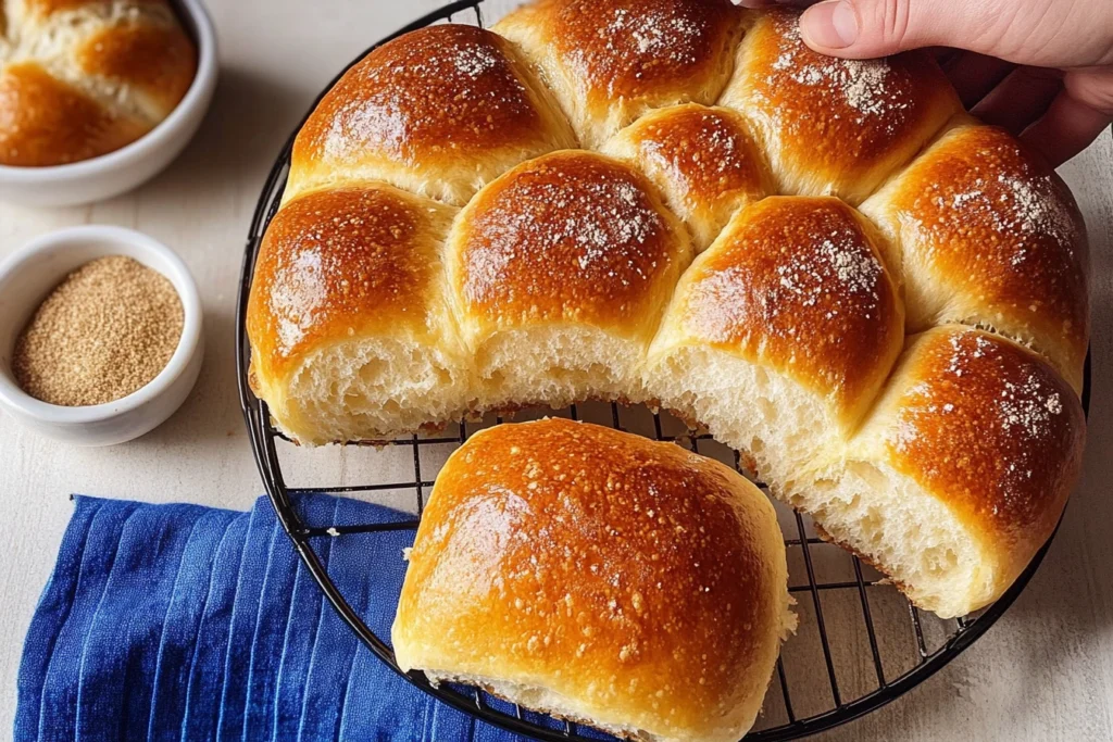 Proofed sourdough rolls in a baking pan, ready for the oven.