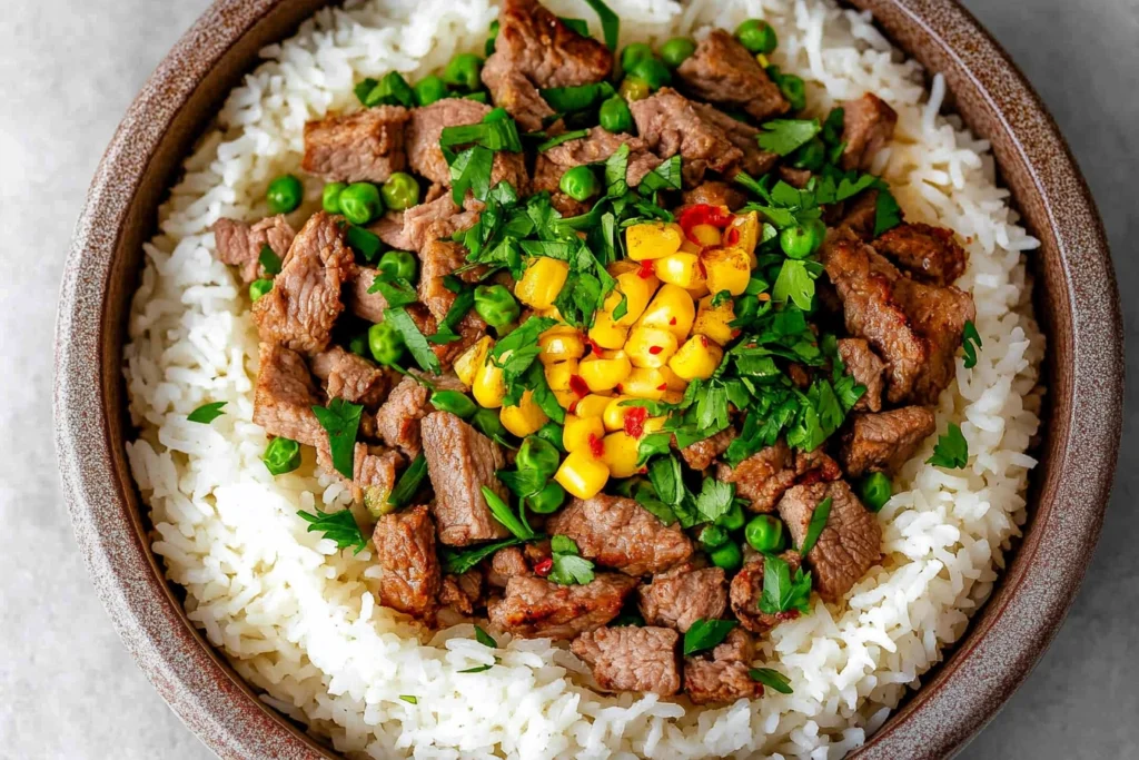 Close-up of Beef Pepper Rice with tender beef, bell peppers, and green onions on a white plate.”