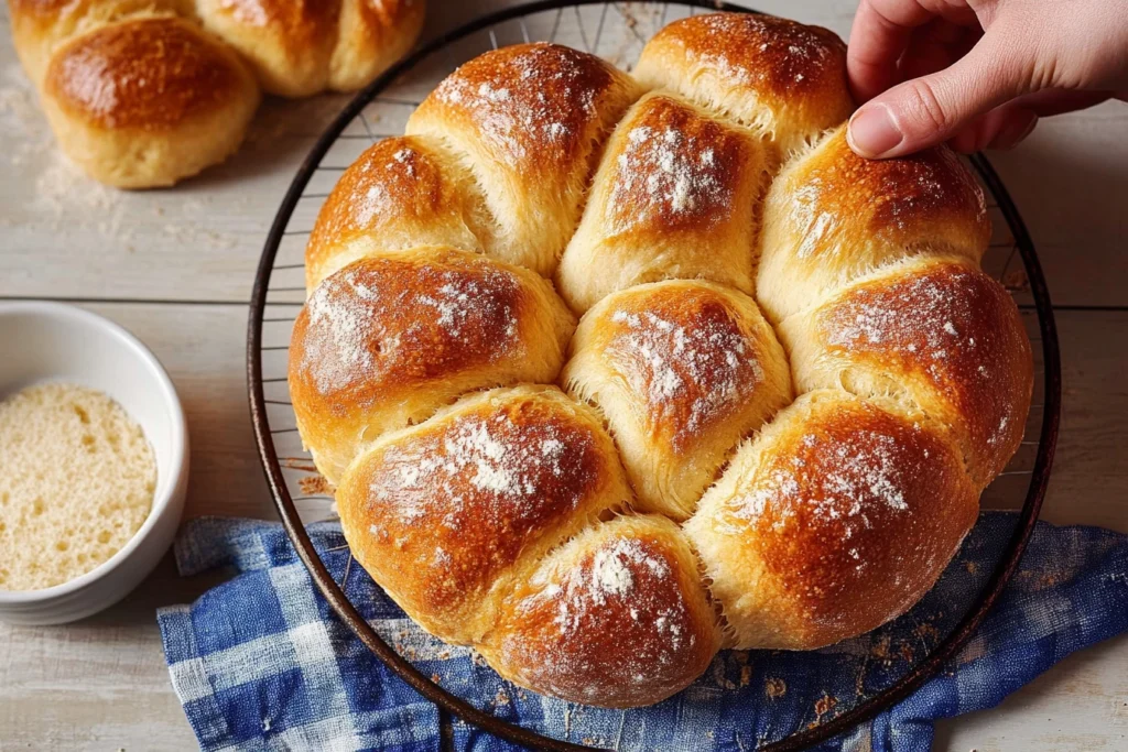 Close-up of golden, fluffy sourdough dinner rolls on a baking tray.
