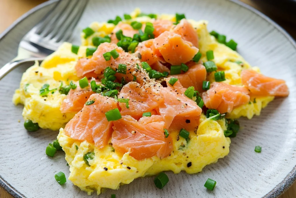 Scrambled eggs and salmon on toast, a healthy breakfast combination.