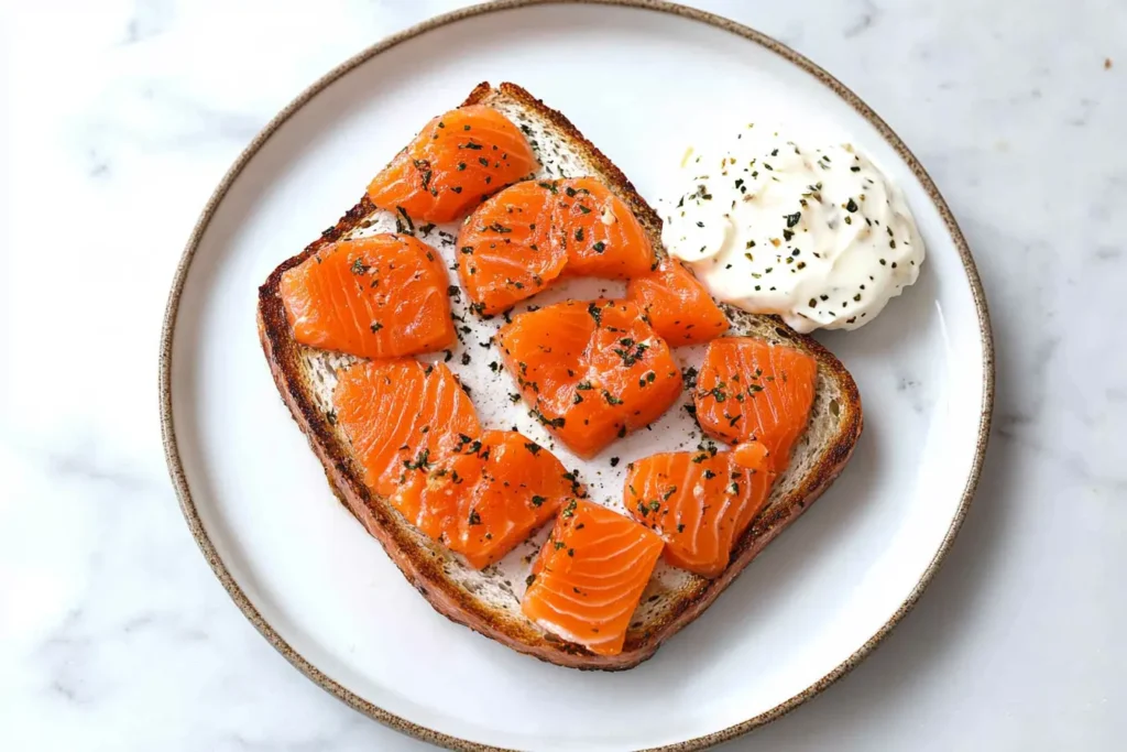 Toasted whole-grain bread with mashed avocado and smoked salmon slices.