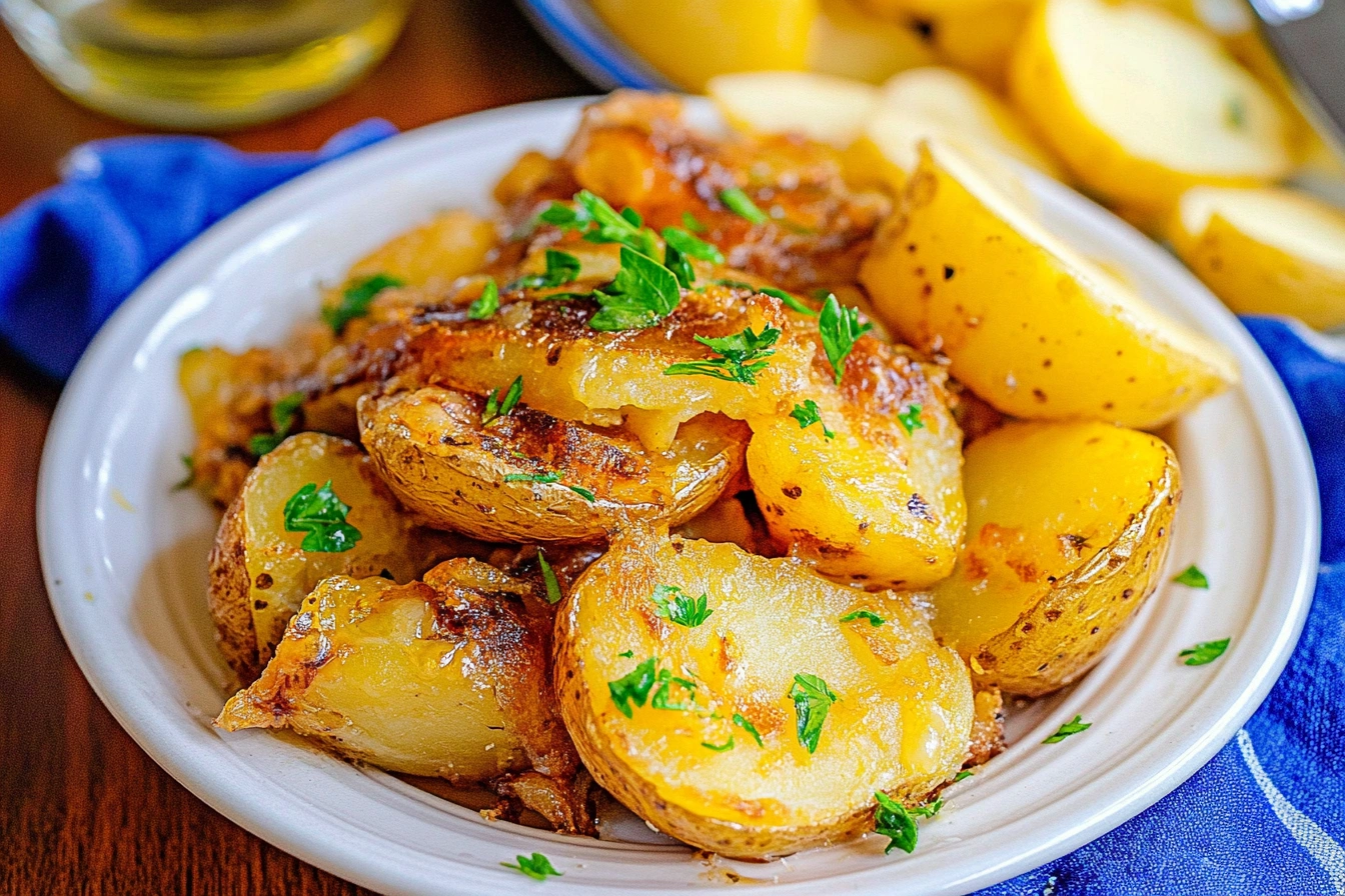 Smothered potatoes in a cast-iron skillet with onions and herbs.