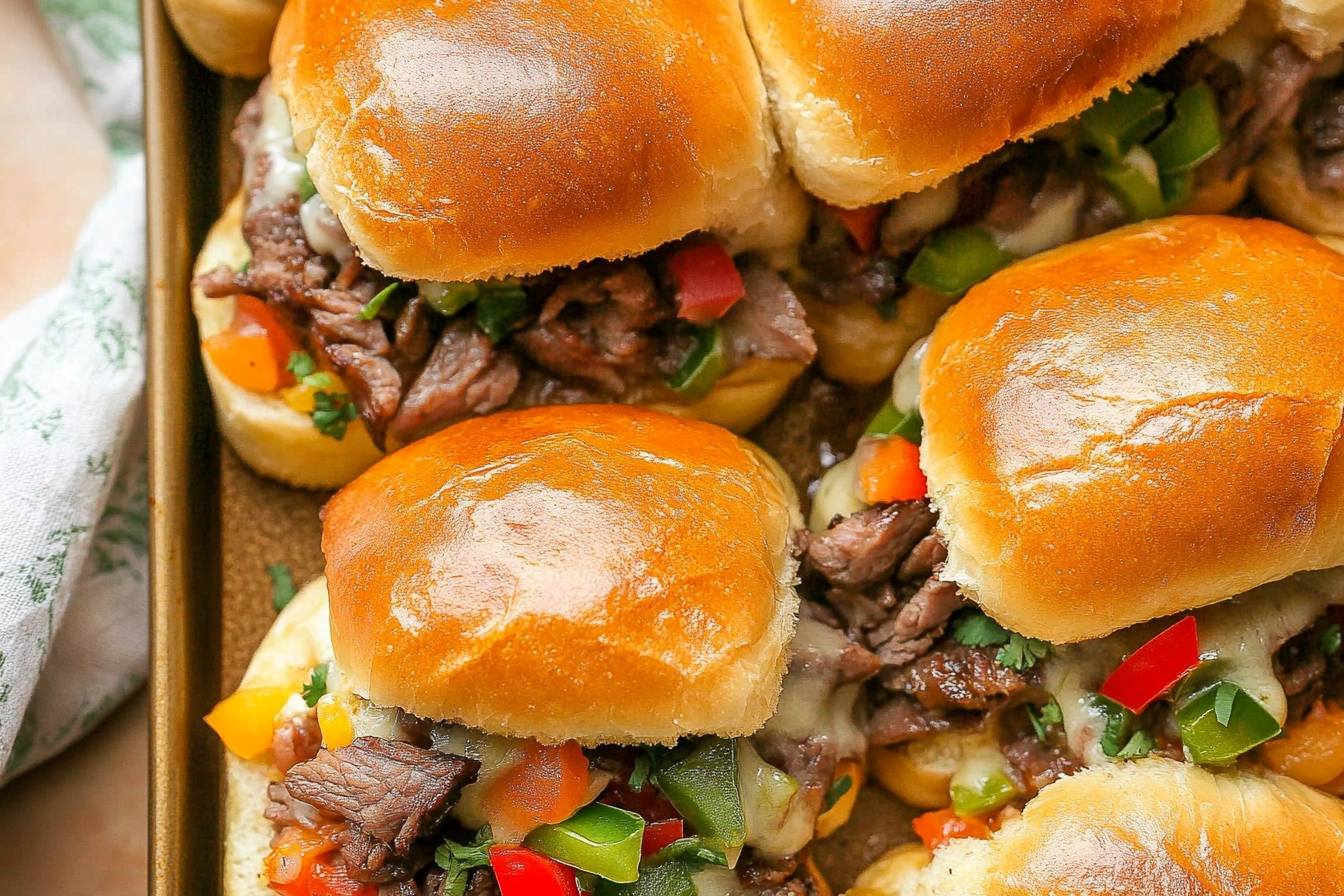 Philly cheesesteak sliders ingredients including sliced steak, Provolone cheese, sautéed onions, and soft slider buns