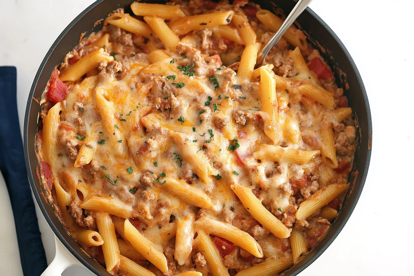 Ground turkey pasta served in a rustic ceramic bowl with fresh parsley garnish.