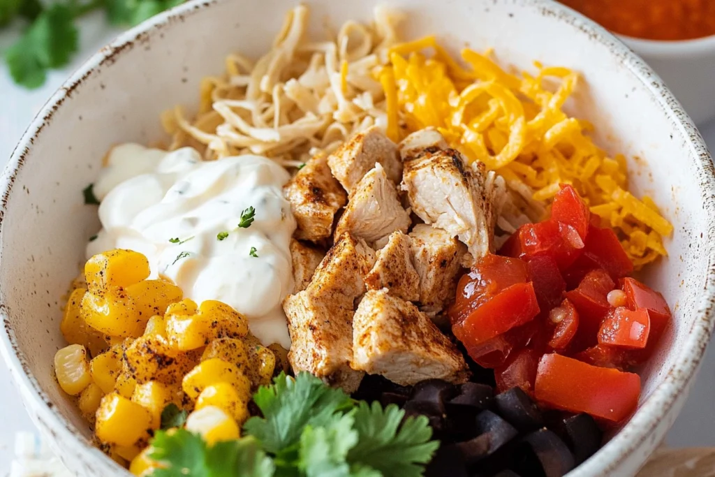 Ingredients for a Southwest Chicken Bowl with chicken, rice, beans, corn, and vegetables.