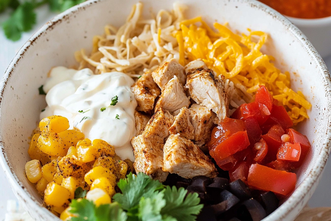 Ingredients for a Southwest Chicken Bowl with chicken, rice, beans, corn, and vegetables.