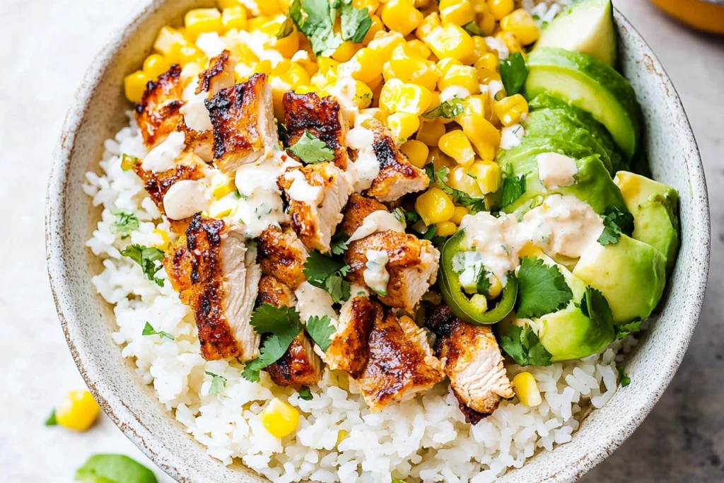 Grilled chicken slices for street corn chicken rice bowl.