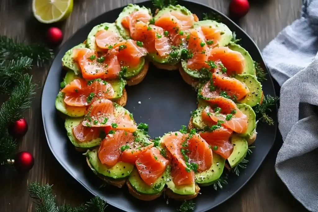 Preparing a Christmas Salmon & Avocado Bruschetta Wreath with fresh ingredients.