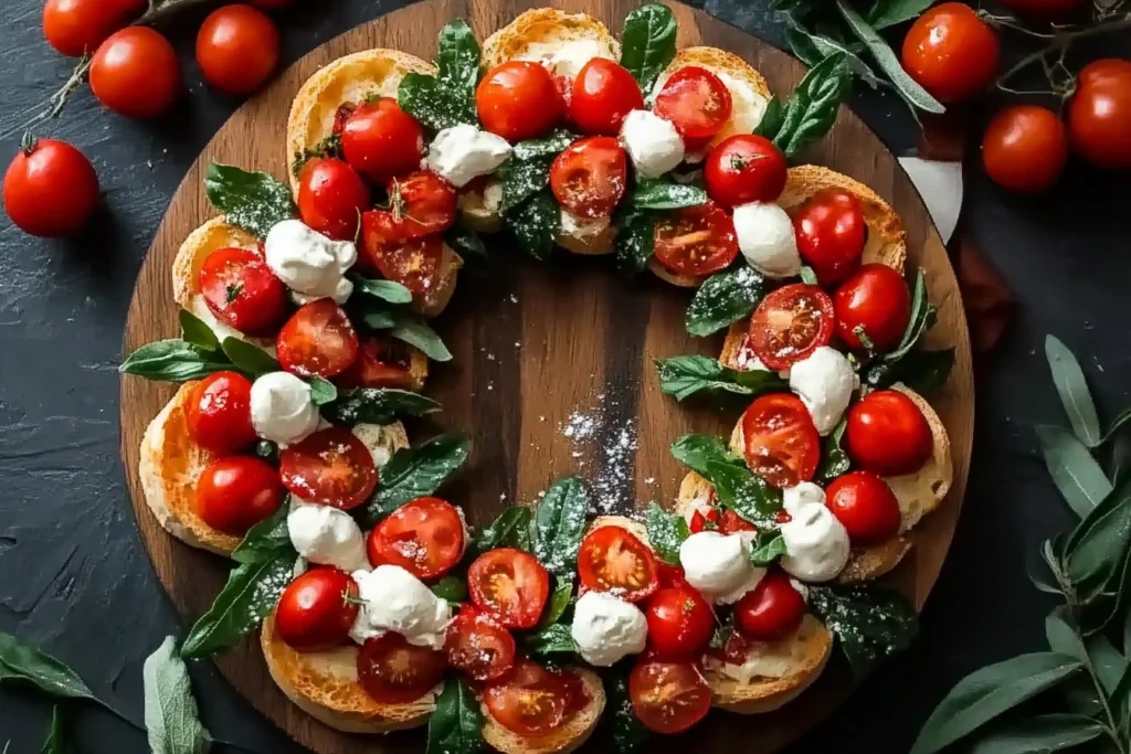 Circular arrangement of toasted baguette slices for a Simple Christmas Bruschetta Wreath.