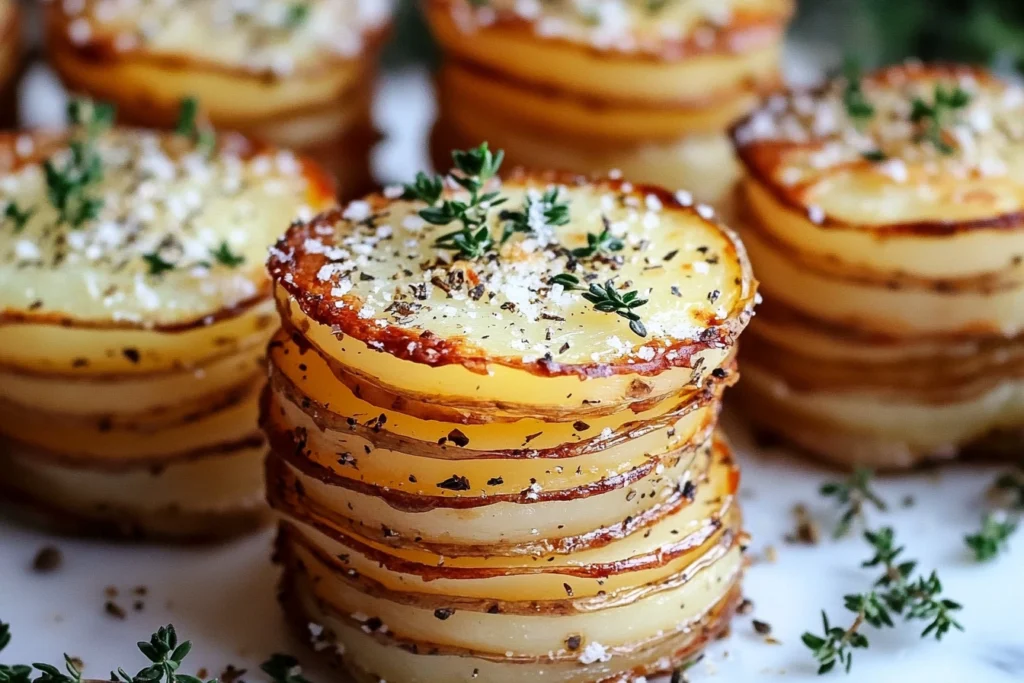 Thinly sliced potatoes ready for Christmas crispy Parmesan potato stacks.