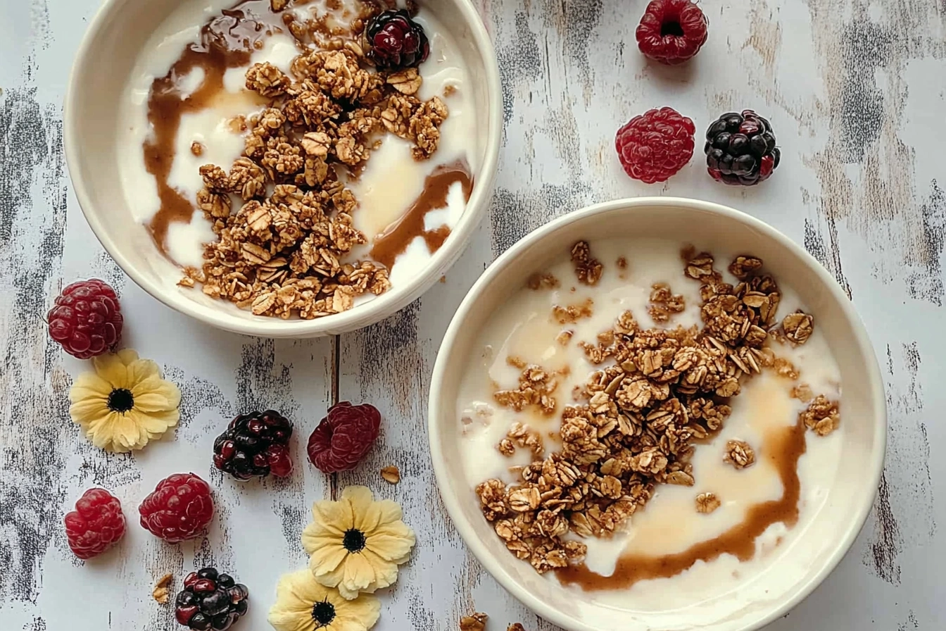A bowl of vanilla yogurt topped with granola and fresh fruits.