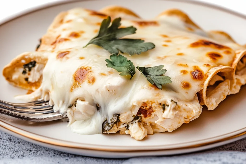 Assembling white chicken enchiladas with chicken filling on a tortilla.