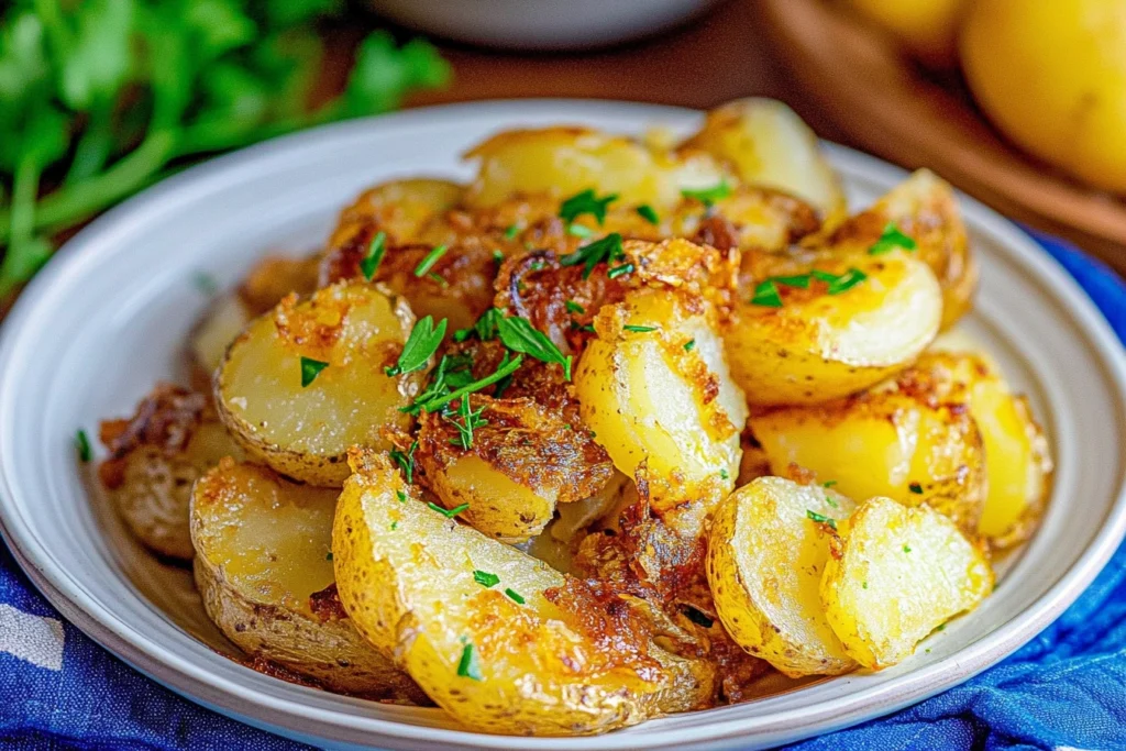 Fresh ingredients for smothered potatoes on a wooden table.