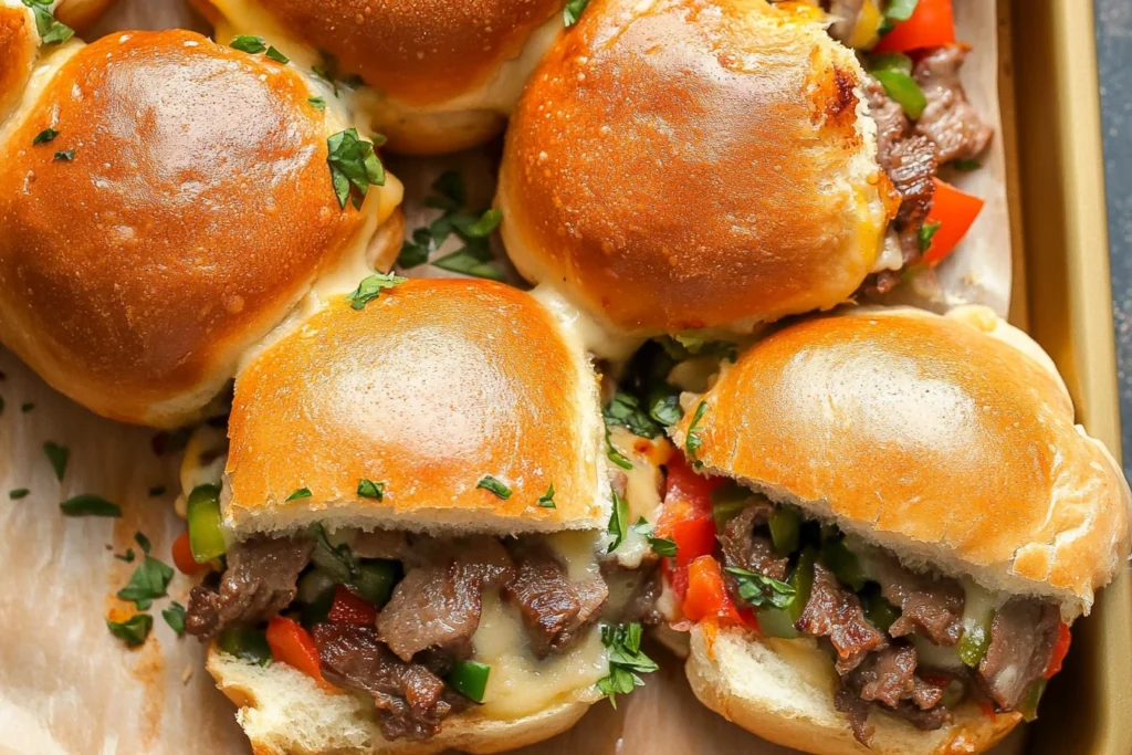 Assembling Philly cheesesteak sliders with steak, melted cheese, and vegetables on Hawaiian rolls.