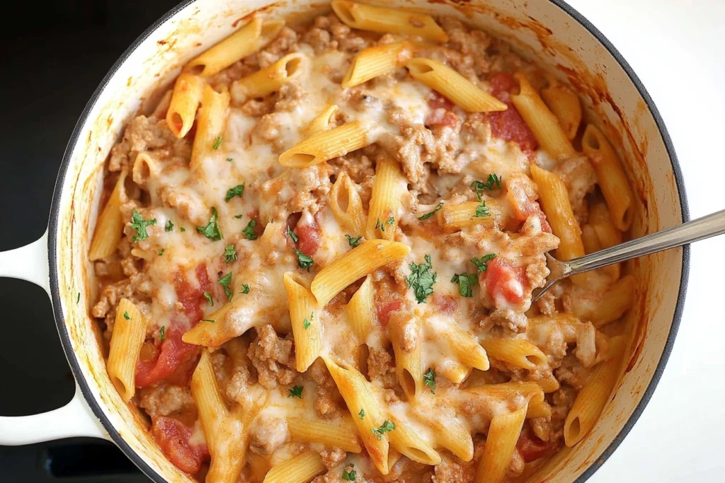 Ground turkey cooking in a skillet with onions and garlic.