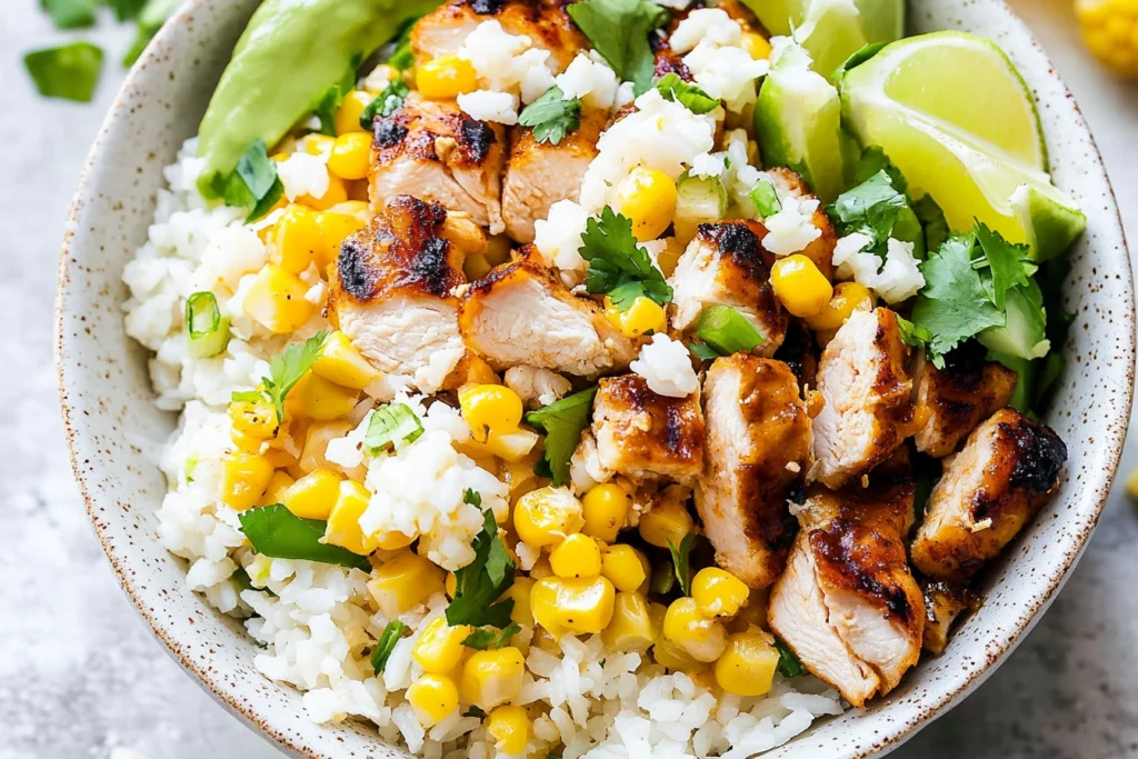 Charred Mexican street corn with cotija cheese and lime.