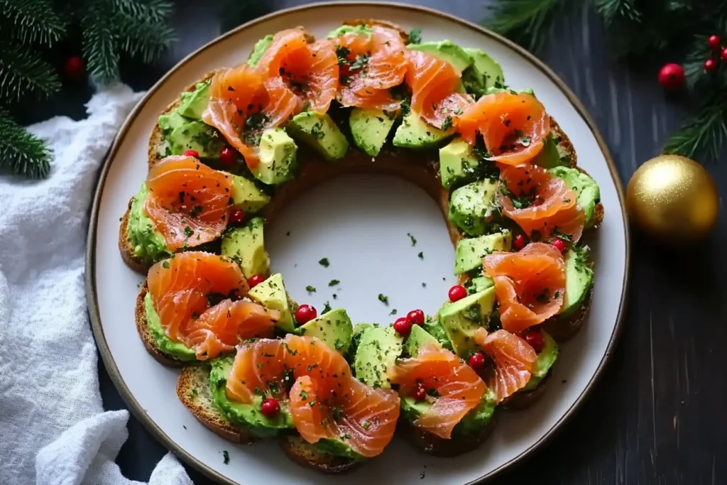 Fully assembled Christmas Salmon & Avocado Bruschetta Wreath with festive garnishes.