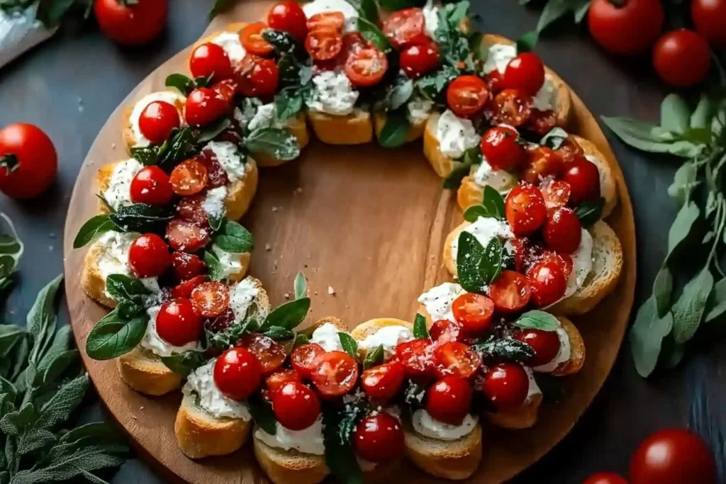 Freshly diced tomatoes mixed with basil for a Simple Christmas Bruschetta Wreath topping.