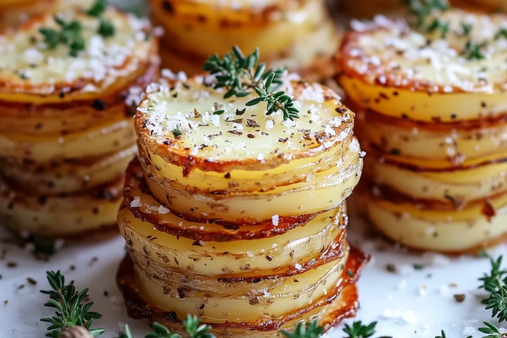 Layered potato slices with Parmesan cheese in a muffin tin.