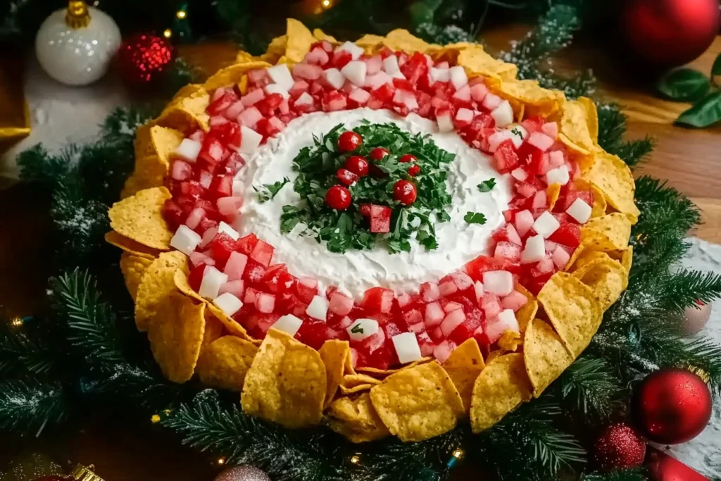 Step-by-step process of shaping the Christmas Taco Cheese Ball Wreath.