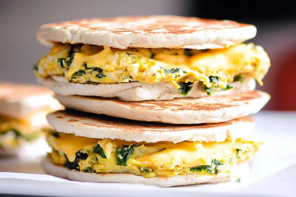 Vegan breakfast sandwich with tofu scramble, spinach, and whole-grain bagel.