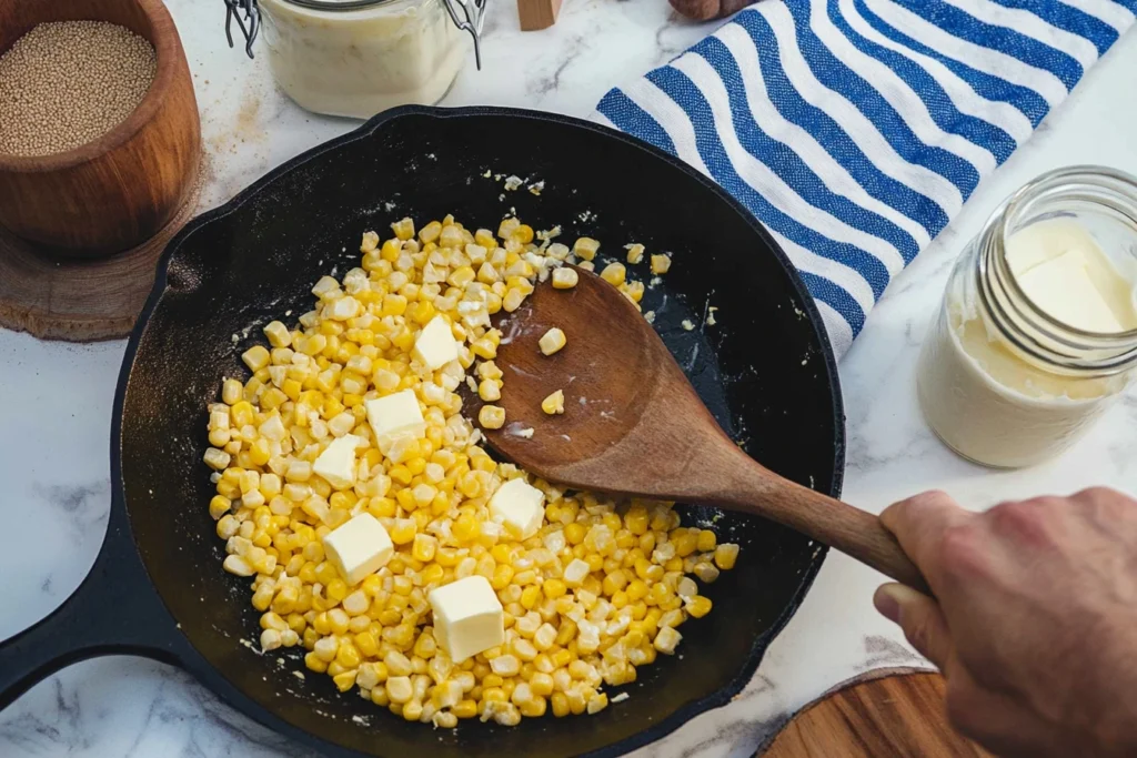 Southern Fried Corn Recipe served on a white plate with a sprig of parsley.