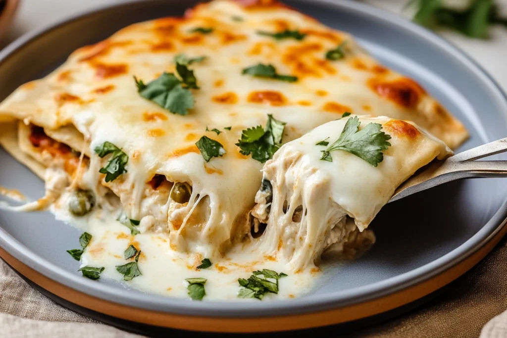 Creamy white sauce for enchiladas being stirred in a saucepan.