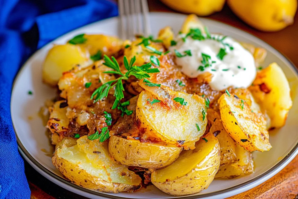 Smothered potatoes served on a white plate with a side of vegetables.