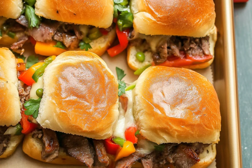 Golden Philly cheesesteak sliders fresh from the oven, topped with melted cheese.