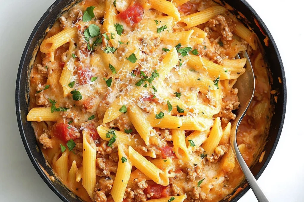 Various pasta types arranged on a wooden board for ground turkey pasta.