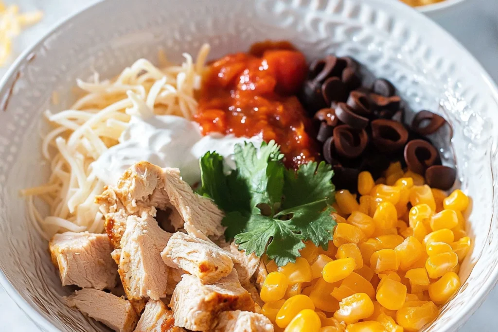 Assembling a Southwest Chicken Bowl with rice, chicken, and vegetables
