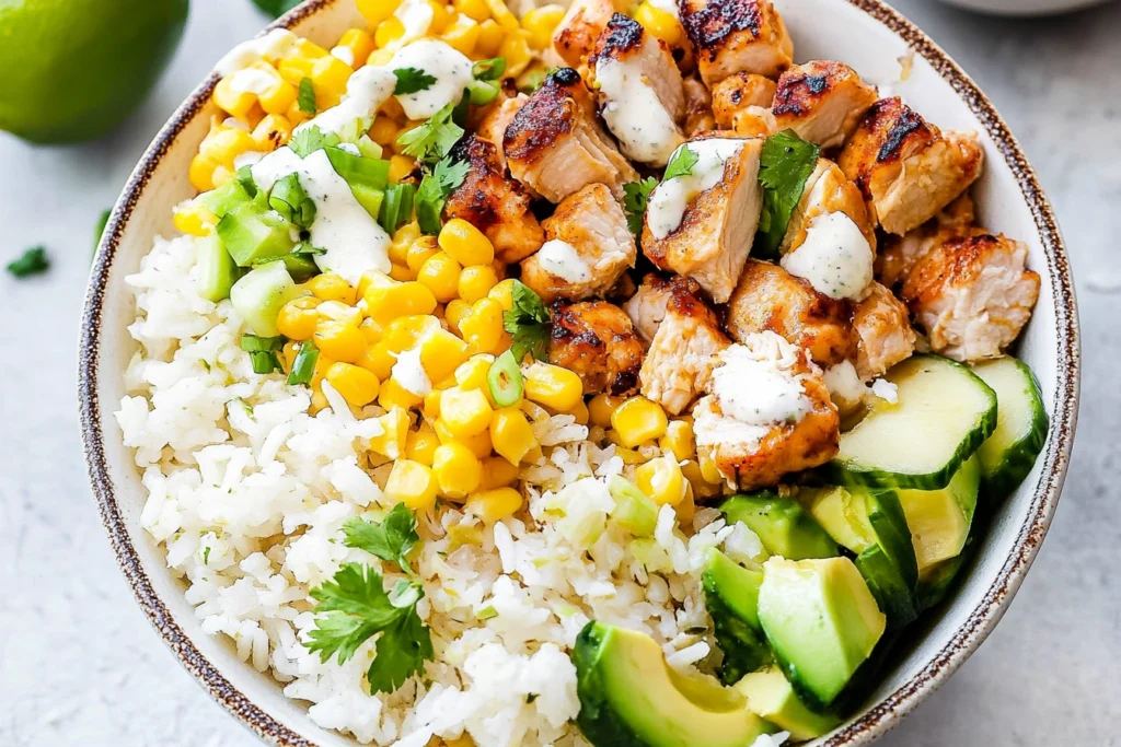 Fully assembled street corn chicken rice bowl with toppings.