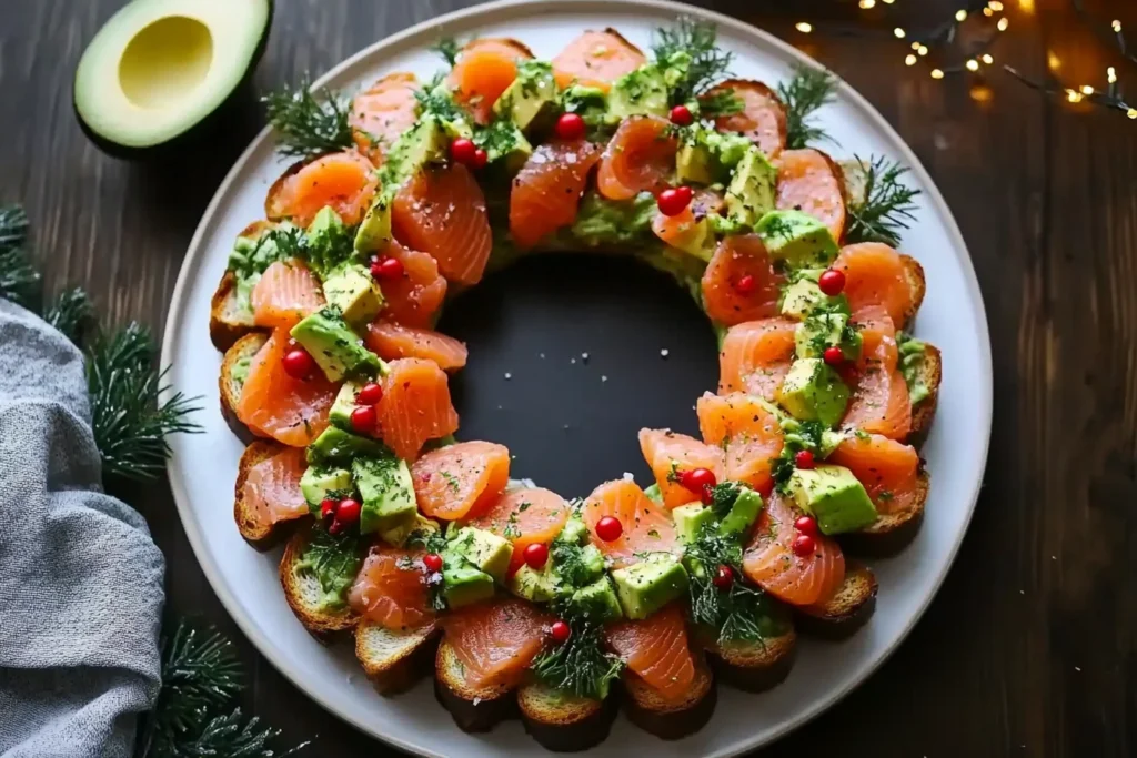 Close-up of a single bruschetta from the Christmas Salmon & Avocado Wreath.