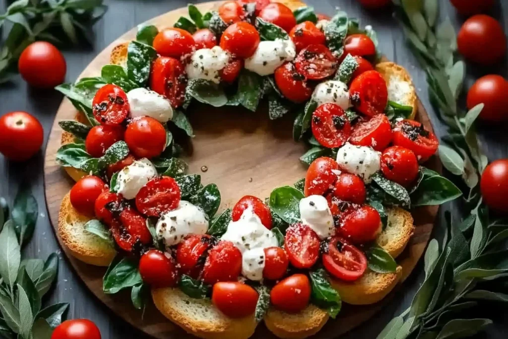 Assembled Simple Christmas Bruschetta Wreath with tomatoes, basil, and garnishes.