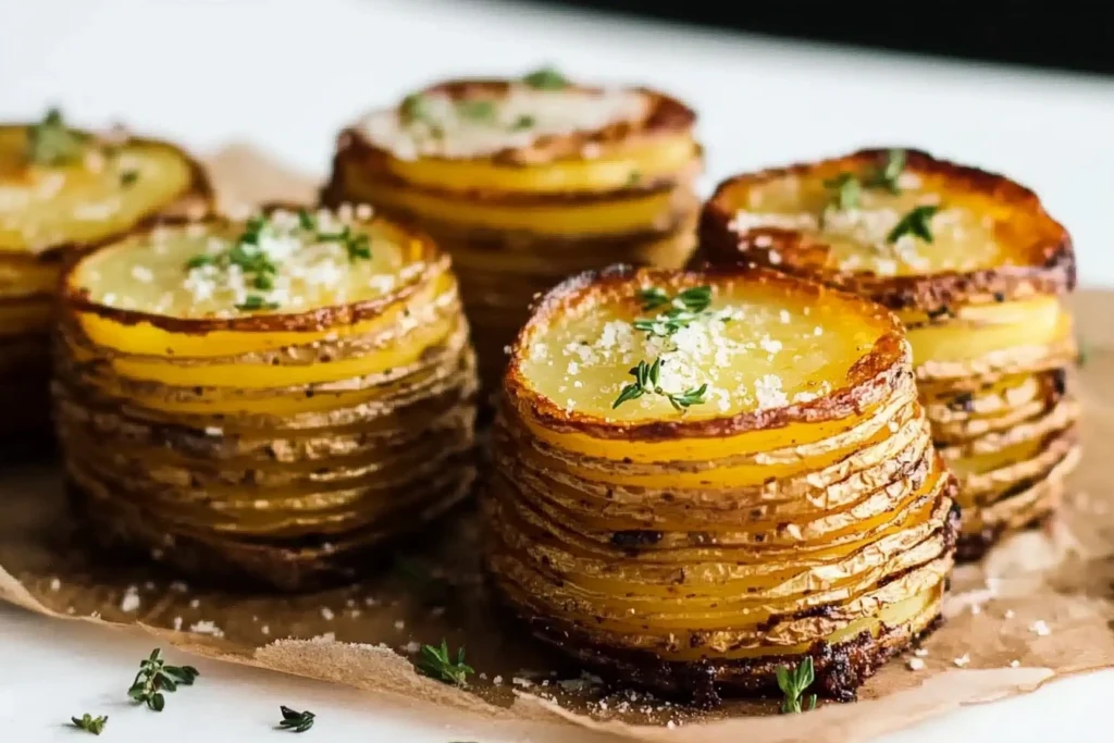 Golden-brown Christmas crispy Parmesan potato stacks fresh from the oven.
