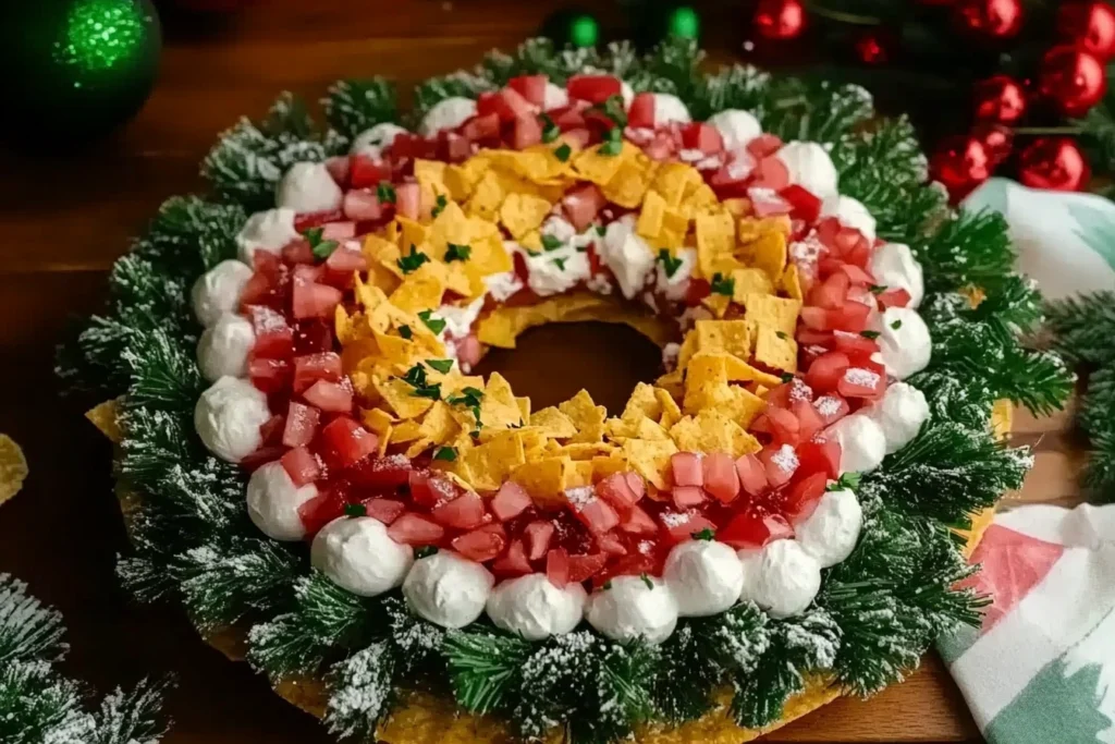 Finished Christmas Taco Cheese Ball Wreath with rosemary, cherry tomatoes, and tortilla chips.