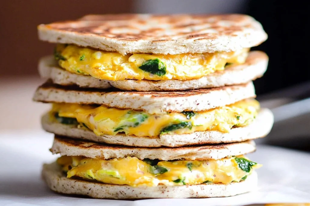 Meal-prepped healthy breakfast sandwiches wrapped in foil on a countertop.