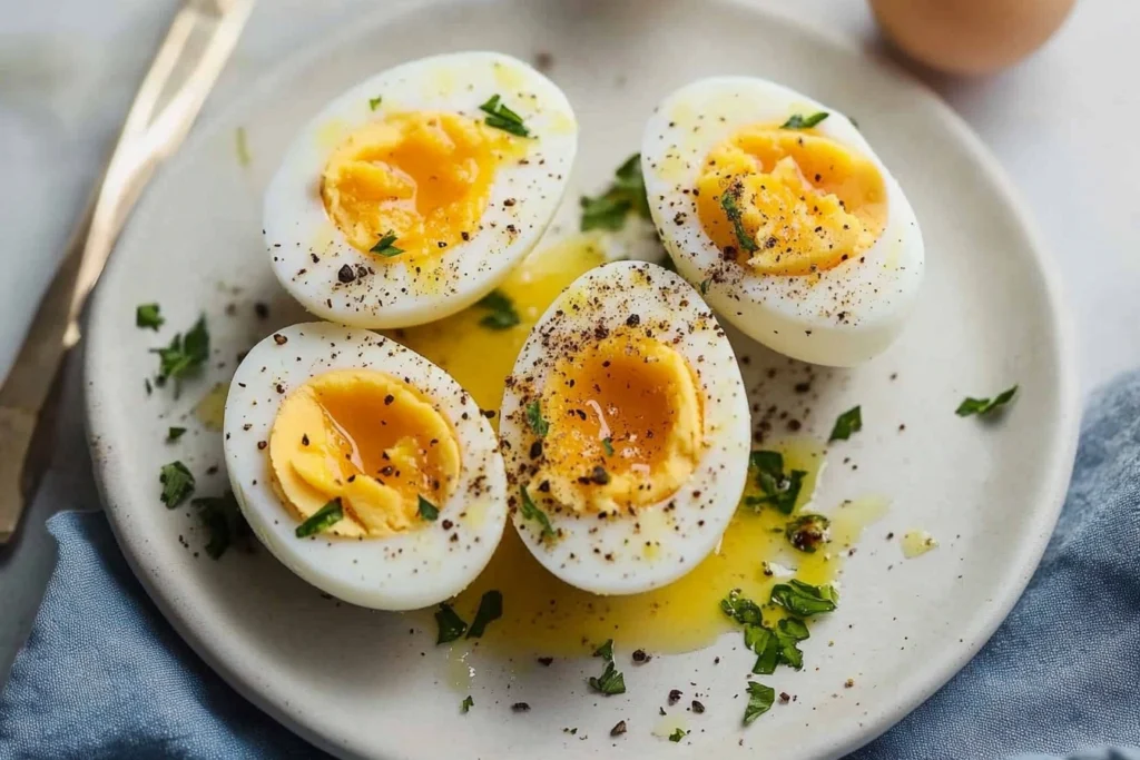 Hard boiled eggs cooling in an ice bath after air frying