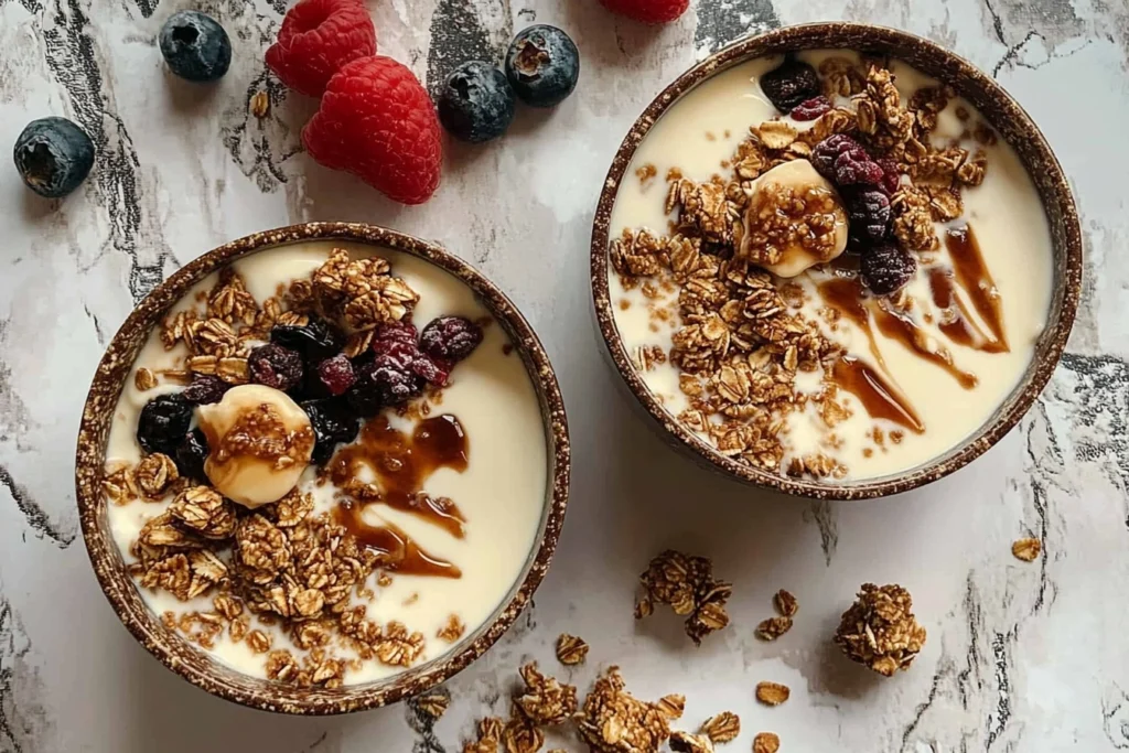 A glass filled with layers of vanilla yogurt, granola, and fresh fruits.