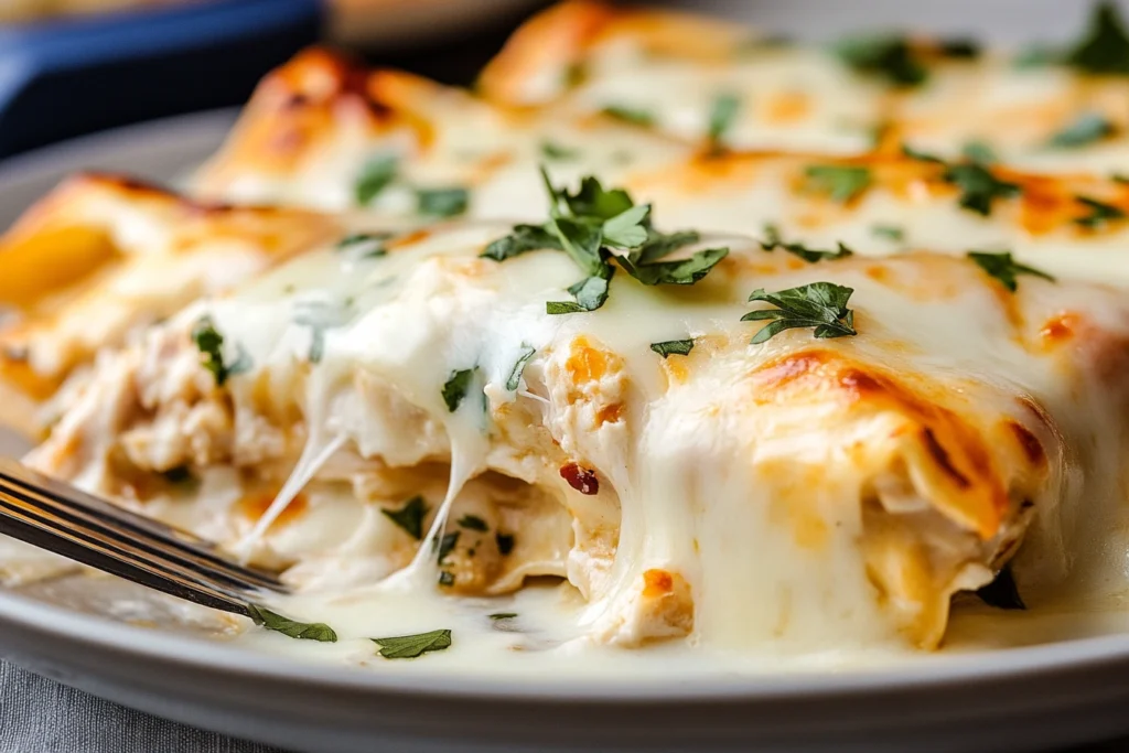 Baked white chicken enchiladas topped with melted cheese and garnished with cilantro.