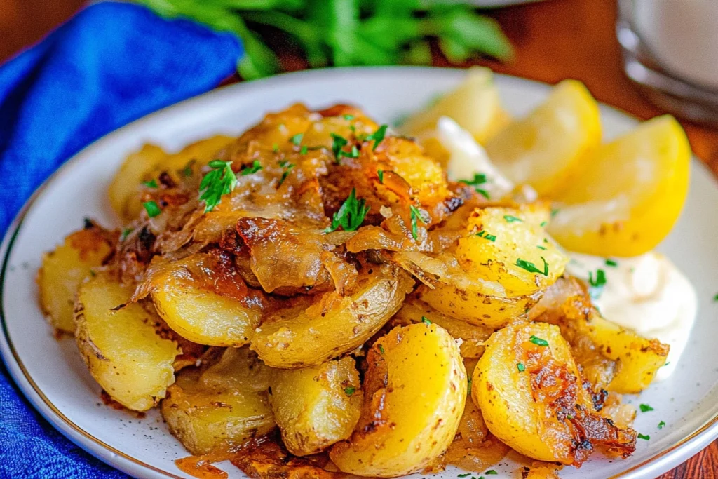 Cheesy smothered potatoes with melted cheddar and fresh herbs.