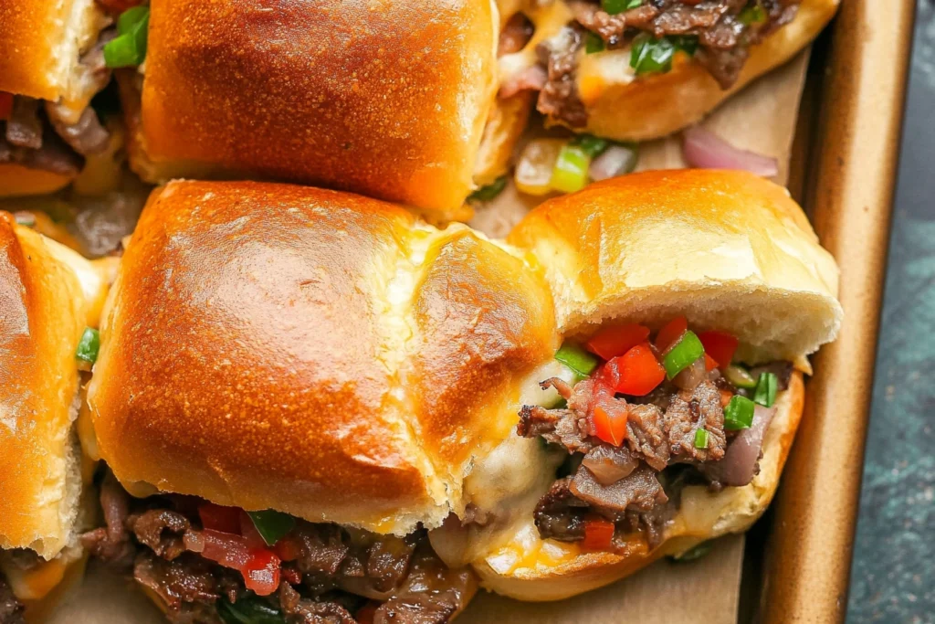 Philly cheesesteak sliders served with fries and dipping sauces on a wooden platter.