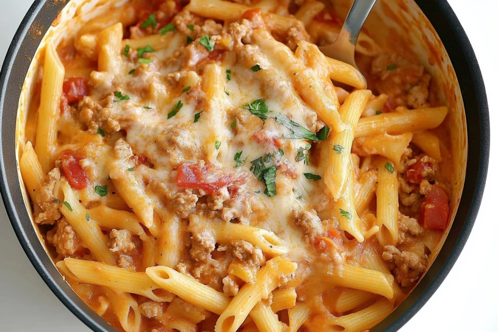 One-pot ground turkey pasta with a creamy tomato sauce.