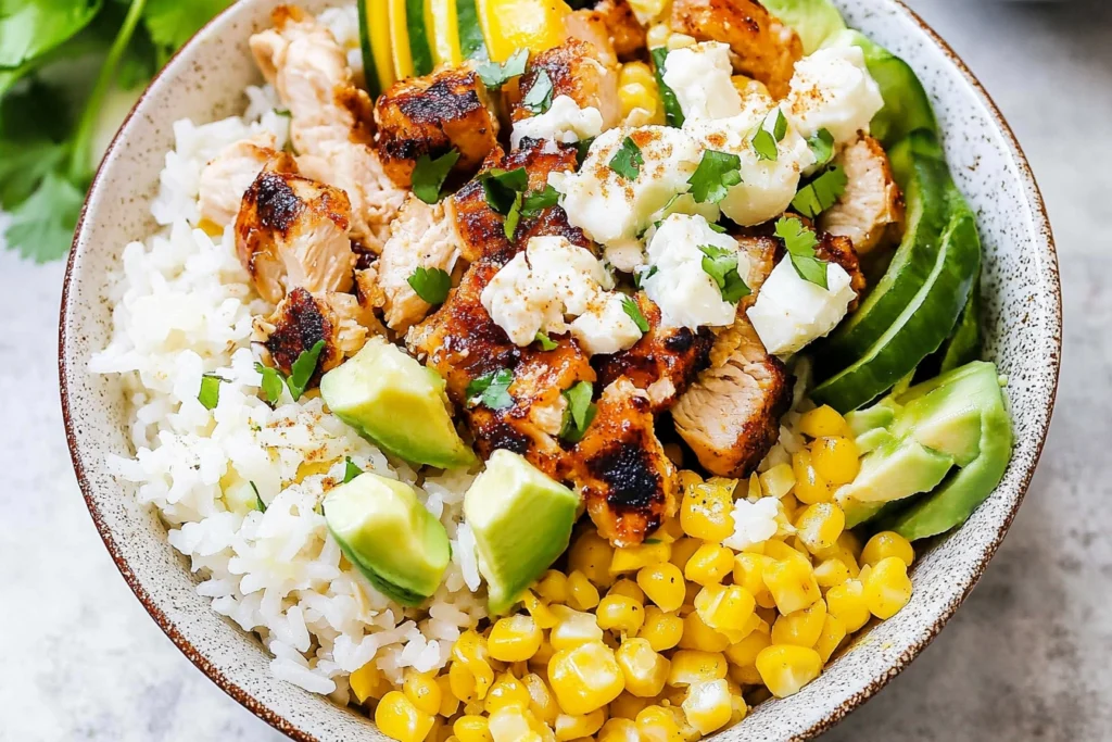 Assorted toppings for a street corn chicken rice bowl.