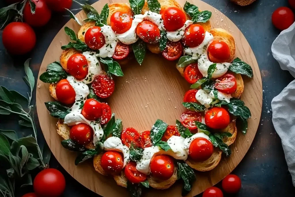 A Simple Christmas Bruschetta Wreath surrounded by festive side dishes.