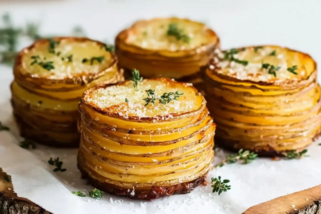 Christmas crispy Parmesan potato stacks garnished with fresh thyme.