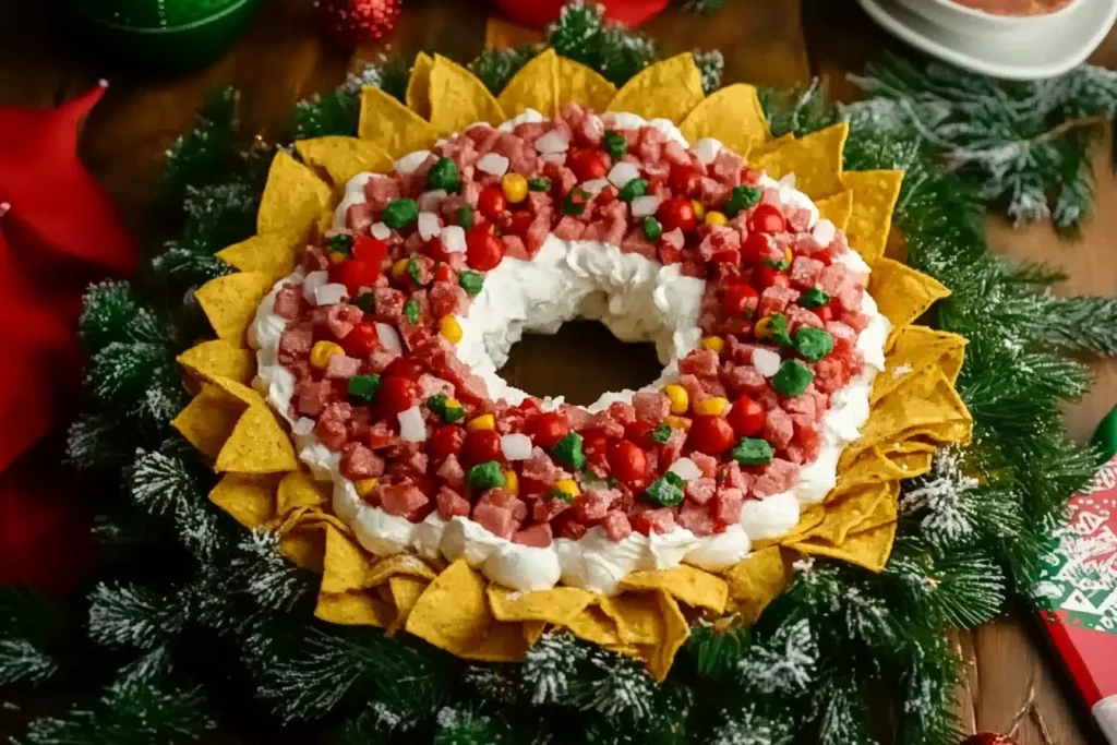 Christmas Taco Cheese Ball Wreath served with crackers and fresh vegetables.